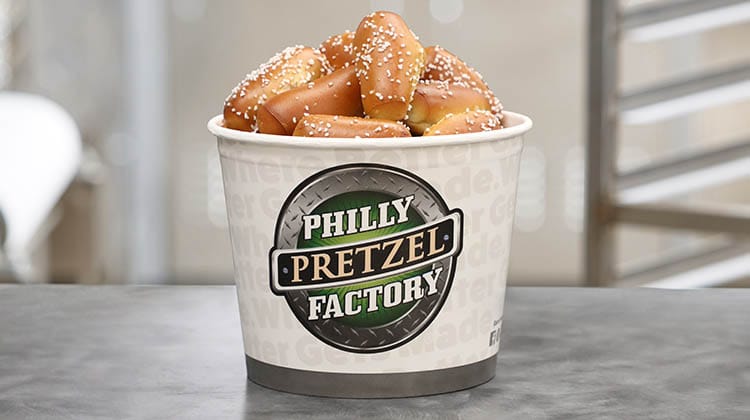 A bucket of bitesize, salted, pretzel bites at Allendale Pretzel Factory
