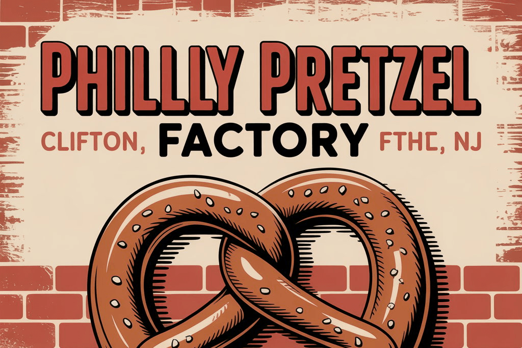 Philly Pretzel Factory Clifton NJ logo featuring a large soft pretzel illustration with bold lettering and brick background