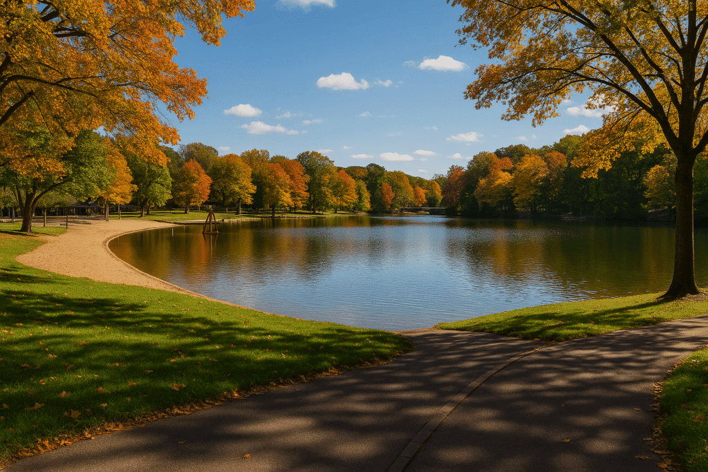 Scenic lakeside view at Crestwood Lake & Park in Allendale, NJ, showing calm reflective water bordered by a sandy beach, lush green grass, and trees with vibrant autumn foliage under a bright blue sky with scattered clouds.