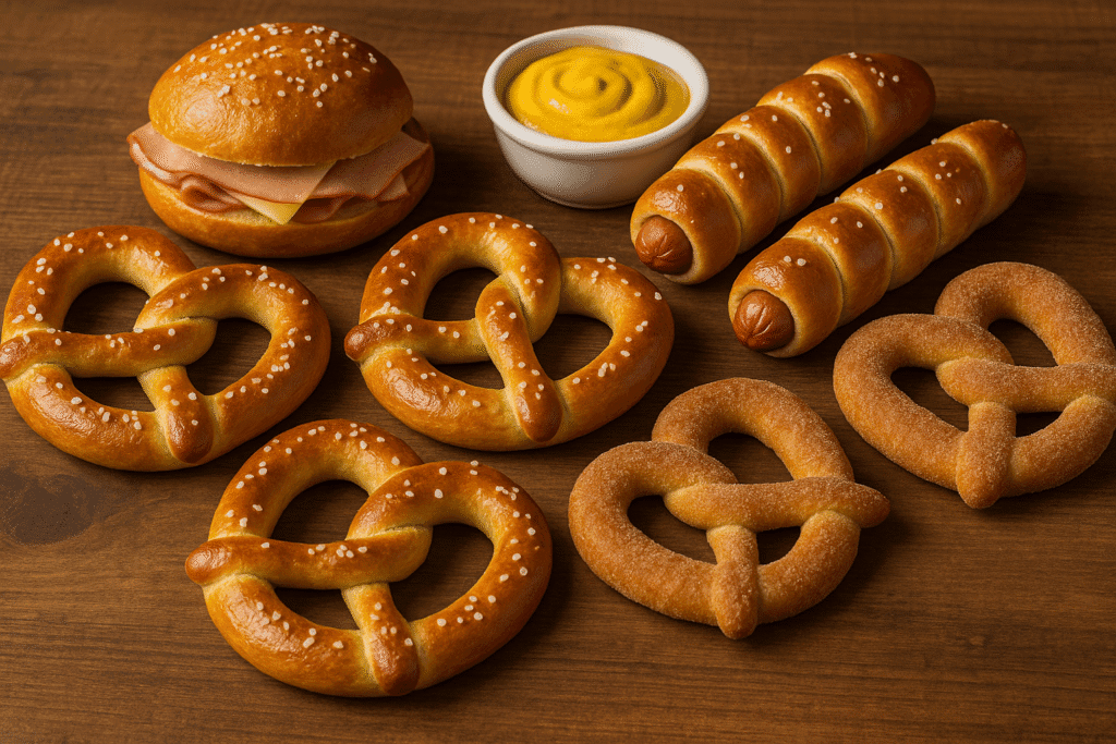 A wooden table with a variety of freshly baked pretzels, including classic salted pretzels, cinnamon-sugar pretzels, pretzel dogs, and a pretzel sandwich with ham and cheese. A small bowl of mustard sits beside them, creating a warm and inviting bakery display