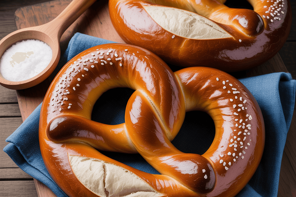 Two glossy, golden-brown soft pretzels sprinkled with coarse salt, resting on a folded blue cloth atop a wooden board, with a wooden spoon filled with salt nearby.