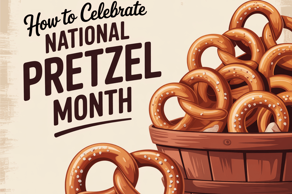 Illustrated poster featuring a wooden bucket overflowing with salted pretzels, accompanied by mustard and ketchup dips. Large text reads “How to Celebrate National Pretzel Month.”