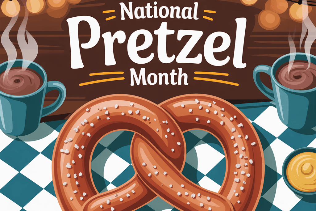 Festive illustration of a large salted pretzel on a blue-and-white checkered tablecloth, surrounded by mugs of steaming hot cocoa and small bowls of mustard dip. String lights glow above, with bold text reading “National Pretzel Month.