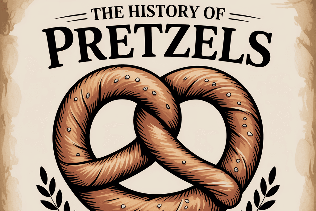 Vintage-style illustration of a salted pretzel framed by laurel branches, with bold text above reading “The History of Pretzels.