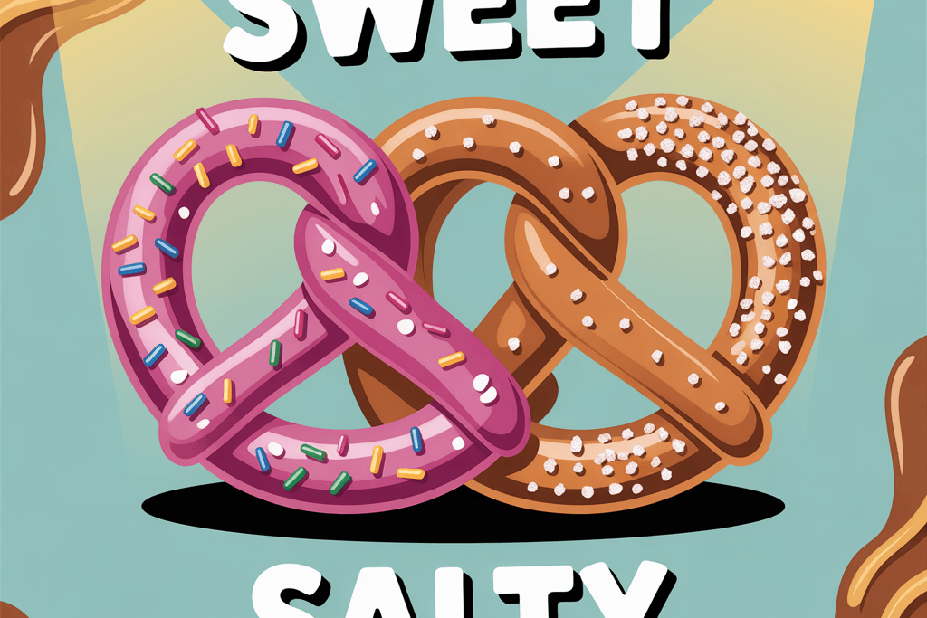 two pretzels side by side under spotlights. The left pretzel is pink with icing and colorful sprinkles, labeled 'Sweet,' while the right pretzel is golden brown with coarse salt, labeled 'Salty