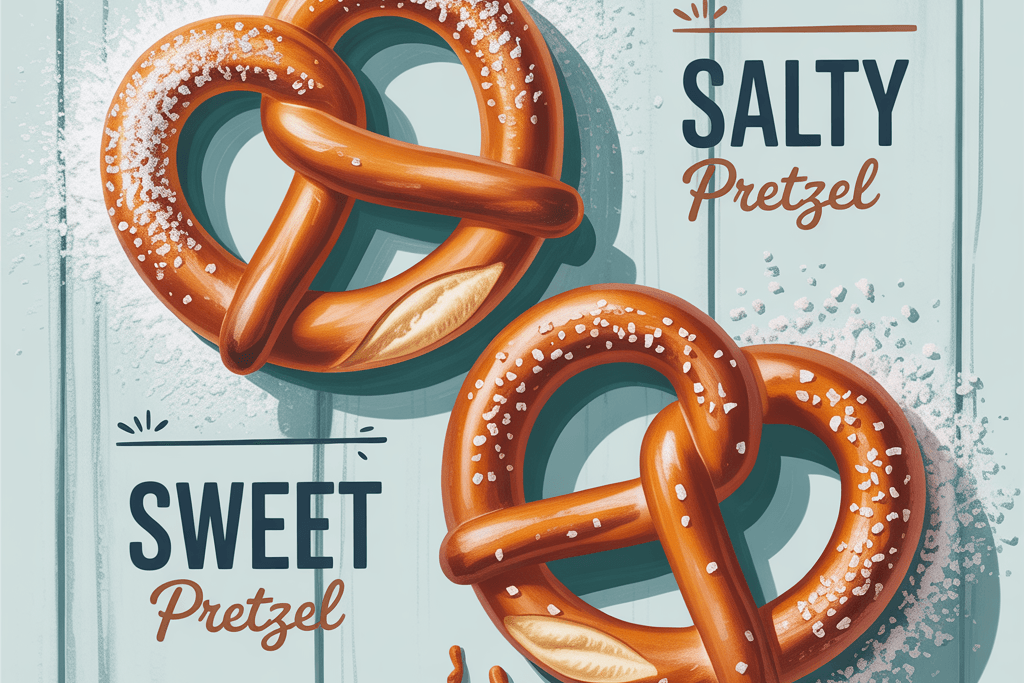 two soft pretzels on a light blue wooden surface. The top pretzel is labeled 'Salty Pretzel' and sprinkled with coarse salt, while the bottom one is labeled 'Sweet Pretzel' and dusted with fine sugar, with a few crumbs scattered nearby