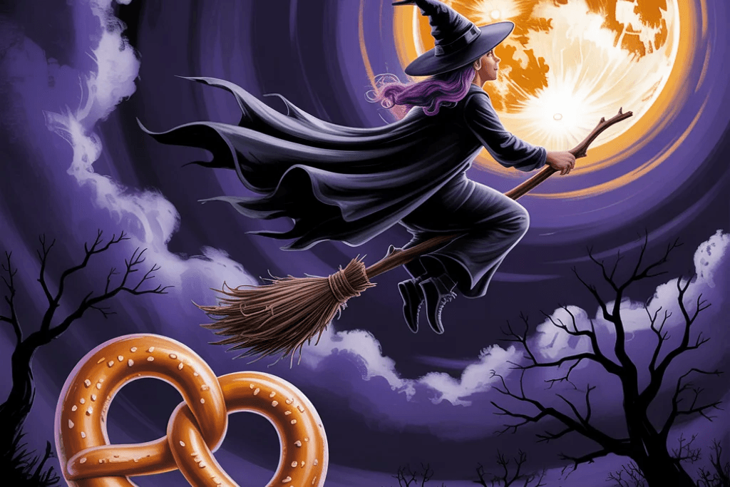 A witch flying on a broomstick under a glowing full moon in a spooky Halloween night sky, with a large salted pretzel on the ground below.
