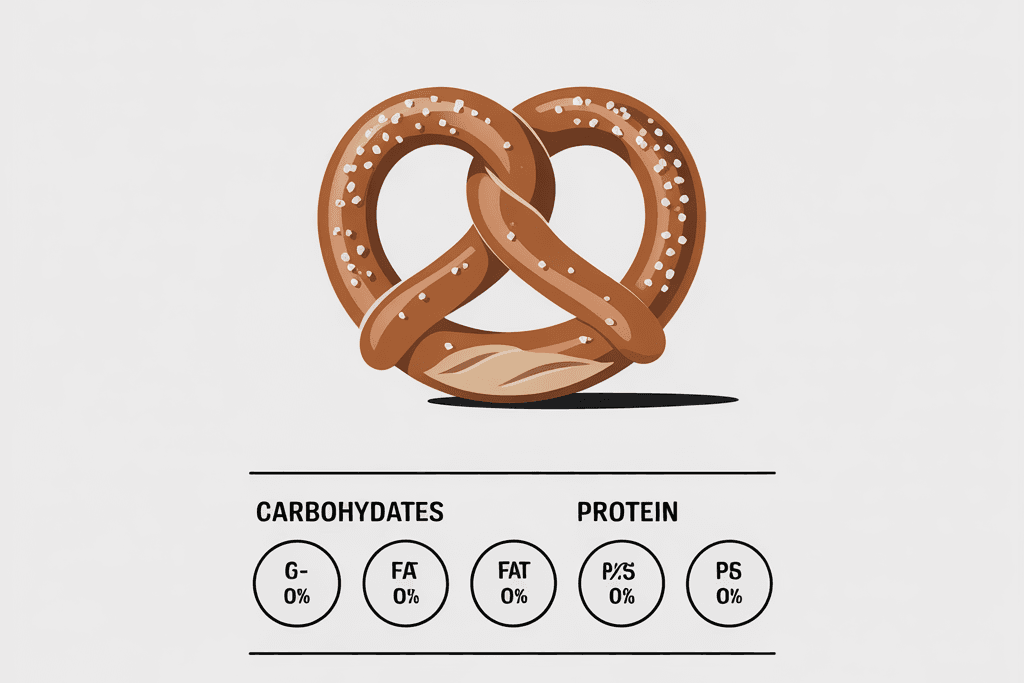 Illustration of a pretzel with salt on top, labeled ‘Pretzel Nutrition Facts.’ Below the image are circular icons showing nutrition information categories for carbohydrates and protein, all marked as 0%