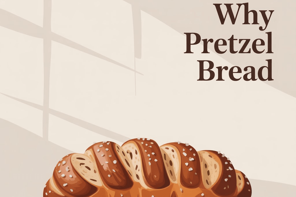 Illustrated loaf of pretzel bread with a glossy, dark golden crust and sprinkled salt, placed on a wooden cutting board against a softly lit background, with the words “Why Pretzel Bread” displayed on the right.