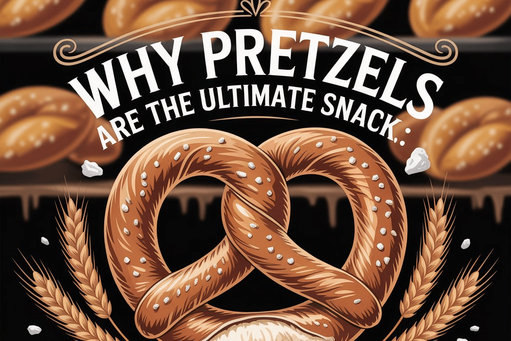 golden-brown twisted pretzel with salt crystals, surrounded by wheat stalks, with the text “Why Pretzels Are the Ultimate Snack – A Defense of Twisted Perfection” on a dark bakery-style background