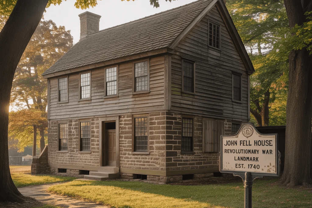 Historic John Fell House in New Jersey, a two-story colonial home with stone foundation and wooden siding, surrounded by trees, with a sign reading “John Fell House Revolutionary War Landmark Est. 1740” in front.
