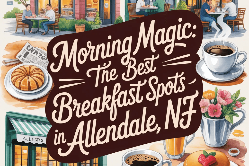 Surrounding the scenes are breakfast foods like pancakes with syrup, pastries, coffee, juice, and flowers. In the center, bold stylized text reads: “Morning Magic: The Best Breakfast Spots in Allendale, NJ.”