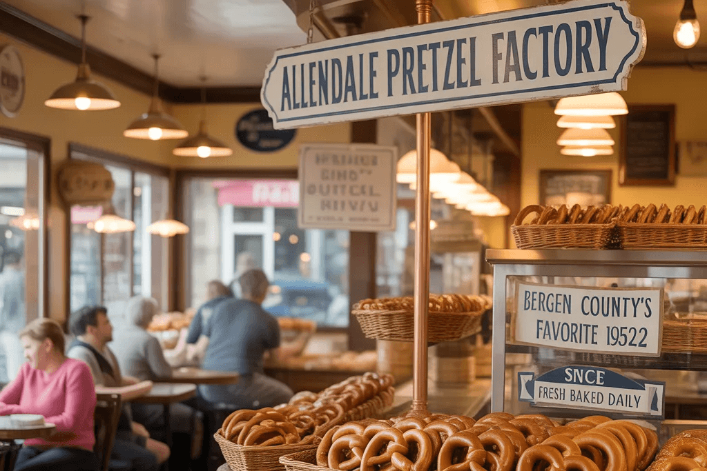 Baskets of fresh soft pretzels on display inside Allendale Pretzel Factory, with customers seated in a warm, cozy shop in Allendale, New Jersey.