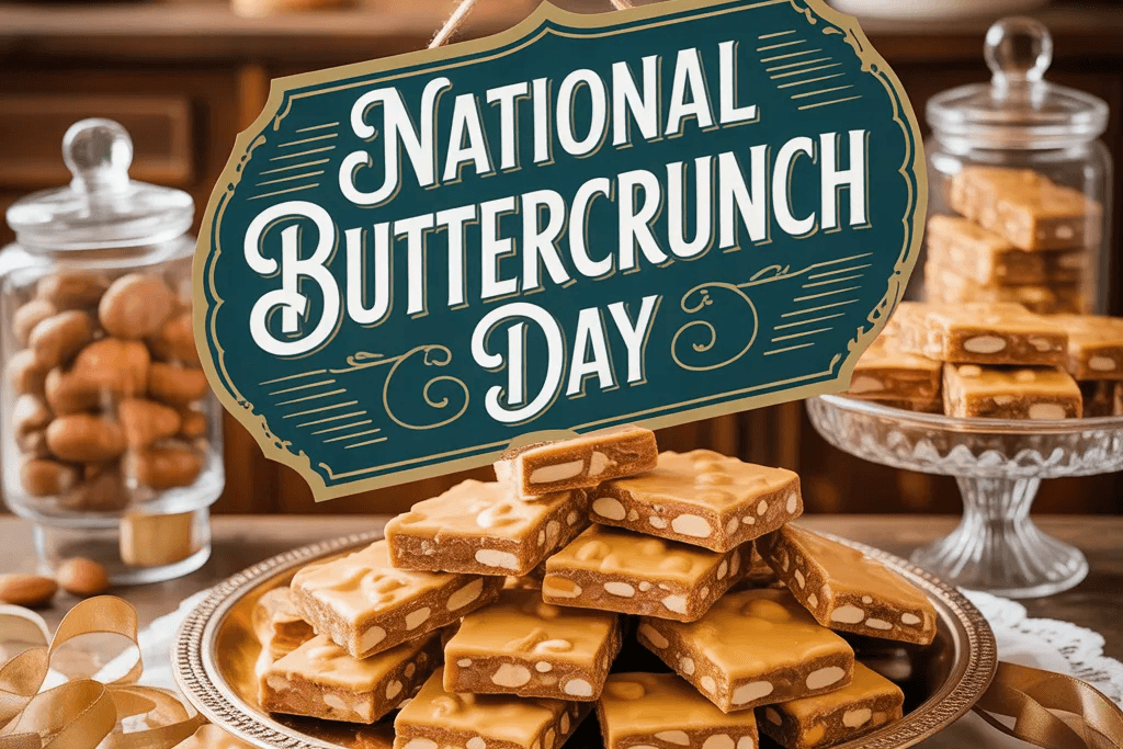 Vintage-style illustration of stacked buttercrunch candy pieces with almonds on a plate, surrounded by jars of nuts and a sign reading “National Buttercrunch Day” in a cozy kitchen setting.
